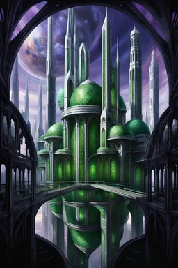 space station, Scifi City, Architecture, elvish, gothic, marble spires, domes metallic, reflections, glinting, hot sun, harsh bright light purple, green, white preraphaelite, romanticism, oil painting, anime, cell shading, dark souls silver details painting, art masterpiece, shadows, expert, insanely detailed, 4k resolution, intricate detalied, high textures, photorealistic