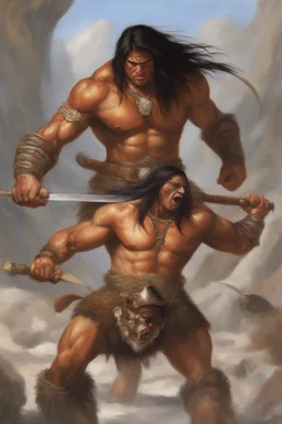 A giant Barbarian, Sandals, (extremely muscular), (Long_flowing_straight_Black_hair), suntanned-skinned, dark_golden_suntanned_skin, earrings, Jewelry, ((chainmail)), extreme action poses, Fighting barbarians, Prehistoric Background, oil on canvas, by Scott Alan Kendall, Amazing, finely detailed, perfect composition, extremely detailed, Original, extremely highres, realistic, best quality, ultra-detailed, Standing up, dark, cloudy skies, mist, fog, majestic mountain peaks,