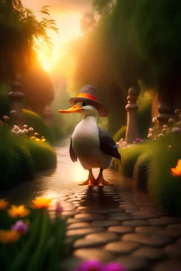 duck wearing a wizards hat walks in a mystical garden at sunrise