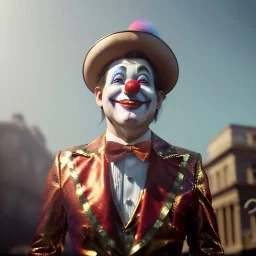 Ultra realistic circus scene. Amazing clown man, waist up view, Wes Anderson style, dark ambient, highly detailed, concept art, unreal engine 5, god rays, ray tracing, RTX, lumen lighting, ultra detail, volumetric lighting, 3d, finely drawn, high definition, high resolution.