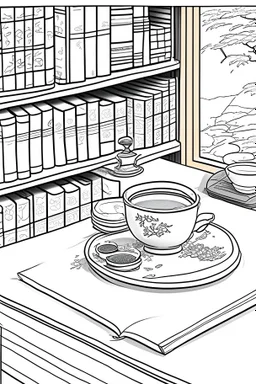Japanese Tea on coffee table with book shelf in background coloring page