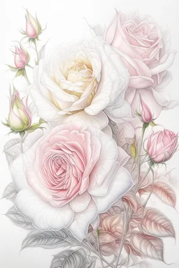 drawing of white and pink buds of unopened roses, pastel, more delicate than delicate, intricate details, bright, colorful, delightfully beautiful, tender, the smallest details are visible, Photorealism, close, the smallest drawing, airy filigree execution, close-up, detailed drawing,5d ,radiance, haze, clear contours, aesthetically realistic, fantastically bright professional photos, 24mm lens, f/8.0. 1/4000s, ISO 2000