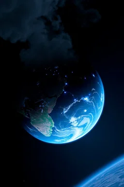 en satellit bild från rymden på jorden, den ska lysa med blått ljus och det kommer rök ifrån den och ser ut att spricka lite, bilden ska visa hela jord globen, långdistans robotar flyger mellan olika kontinenter, jorden är på väg mot en undergång