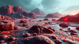 landscape covered in slime that looks futuristic with futuristic lighting, realistic rendering