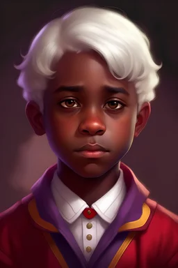 A manho boy with brown skin, white hair, violet eyes, and wearing a red uniform