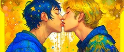 portrait anime man kissing man, ,yellow, stars hearts water, blue, watercolor, Yoshikata Amano, Edwin Landseer, Ismail Inceoglu, Russ Mills, Victo Ngai, Bella Kotak, hyperdetailed 8K resolution HDR DSLR, ultra detailed, ultra quality, CGSociety, intricately detailed, color depth, gliter, kiss