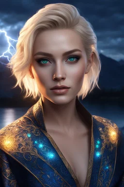 detailed eyes, female russian half elf, curvy, blonde short hairstyle, detailed glowing ornamental magical pattern form fitting robe, glowing gem crackling with lightning implanted on robe, 8k, high detail, lake background, midnight, facing viewer, front facing