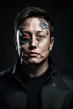 Portrait of Elon musk, half cyborg with metal pieces showing under skin, one eye red