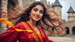 Hyper Realistic Photographic Close-Up View Of A Beautiful Young Pashto Woman With Beautiful Eyes Lips & Nose (Wearing Beautiful Red Frock With Orange Floral Patterns & Yellow-Ribbons On It Her Beautiful Long Hair Whirling In Air) Happily Whirling & Smiling Inside The Courtyard Of A Detailed-Crafted Stone-Castle At Cloudy Weather With Heavy Rainfall Showing Dramatic & Cinematic Ambiance.