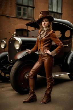 young woman with straight shoulder-length hair, dressed in brown leather trousers and waistcoat, leather gloves and a fascinator in an old industrial courtyard, next to a steampunk steam car on a summers day