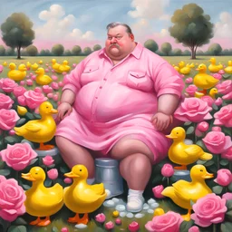 A fat man wearing a Balenciaga dress is sitting in a field of pink roses next to yellow plastic ducks and eating ice cream. 19th painiting