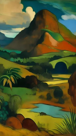 A brown mountain near canyons painted by Paul Gauguin