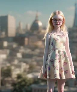 Elle fanning toddler, full body, city background, floral dress, dramatic lighting, hyper realistic