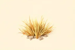Isolated concept art of low poly stylized alien dry grass on a plain neutral background. Simple low-poly design with minimal details, suitable for 3D modeling. The grass should look slightly alien — with unusual blade shapes, subtle color variations, and dry, brittle texture. Colors range from dusty yellow, ochre, muted green, and pale orange, blending naturally with desert or rocky terrain. No background, no shadows, clear separation of each grass clump, consistent lighting.
