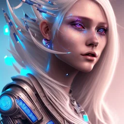 A beautiful portrait of a cute smiling cyberpunk woman, long blond platinum hair, high key lighting, volumetric light high details with blue and white stripes and feathers and white celtic paterns, beam starry background