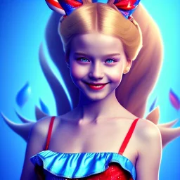 3D close-up of a beautiful "Alice in the wonderland",ten years old,disney, sarcastic smile, high contrast, glowing backlighting, blue and red backlighting, vibrant hair, dark brown eyes, sharp focus, high makeup, medium face painting, background blur.