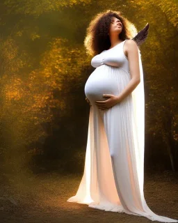 Beautiful pregnant young woman in angel costume, nude, god lighting