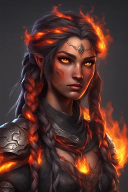 Paladin druid female made from fire . Hair is long and bright black . It has some braids and it is on fire. Eyes are noticeably red color, fire reflects. Make fire with hands . Has a big scar over whole face. Skin color is dark