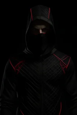 HD, 8k, full body portrait of a 18 year old vigilante. wear black jacket with red strings on the side. brown eyes. short straight dark brown hair. wears a black mask. a full bodysuit grey tight suit under the jacket.
