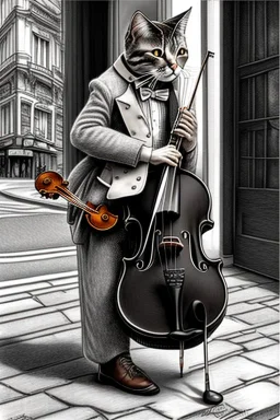 One single mature cat playing violin on the street, Vienna, friendly, model style, hyper realistic, extremely accurate, delicate, extremely detailed, Graphic novel style, wide-angle, open aperture, superfine pencil