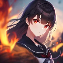 Clear focus,High resolution, Black long hair, Red eyes,Wearing a black sailor uniform,Looking away from the viewer,Ready for a epic battle between gods, Blurry fire