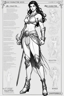 make a character concept sheet with AD&D statistics and characteristics, [illustration simple ligne claire black and white brush] the playable Kalypso, the a Pagan nymph, the daughter of the terrible Khalid. a muscular brunette with metallic silver eyes and a body as fluid as mercury. Powers: No chain can bind her, he has influence, a strange gravity that drew events subtly around her [make it a portrait layout to fit a page of a TTRPG rulebook]