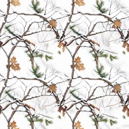 Real Tree Camouflage made of sticks, twigs, leaves, pine branches, snow and dirt, white background, seamless repeatable texture pattern imitating a natural forest background