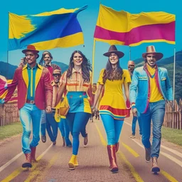 Personas hombres mujeres caminando de frente con banderas de Colombia art retro