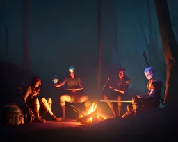 Adventurers resting around a campfire with a cooking pot in a forest clearing at night, starry sky, dark fantasy, high detail, high definition, big adventuring bags