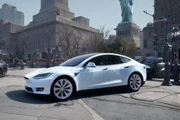 A Tesla 'Model 3' is parked, near the 'Statue of Liberty' in New York. CINEMATIC. WIDE ANGLE LENS. PHOTO REAL.