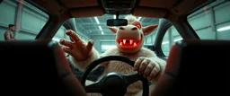 car driving happy 2d neon fluffy orc wheel test dummy hippo elf lord with human hands in the style of Escher and Giger and Fallout 4, pinhole cam, airbrush 3d rendering, on tv screen:A five-second cinematic single take in a clean industrial presentation hall.