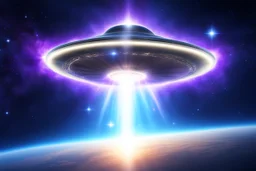 a flying saucer made of light and bright over a galaxy. the saucer has a bright ray crossing it in a vertcal way