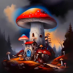 A rustic white, blue and orange (((mushroom house))) perched atop a (tall geologic pillar), surrounded by a ((( rainbow haze ))), offset by the subtle hues of an (dark space scape), within. captured by the hand a skilled master painter with a focus on (hard bold compositions and voluminous lighting).detailed matte painting, deep color, fantastical, intricate detail, splash screen, exaggerated colors, fantasy concept art, 8k resolution