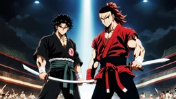 yujiro hanma vs yoriichi tsugukuni, baki vs kimetsu no yaiba, two mans standing in front of each other, a big strong man in black shirt with red hair and evil grin in martial art's stance with bare fists facing a smaller feminine swordsman with long hair and calm face reaching for his sword in traditional japanese clothes both preparing to fight each other