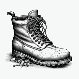 black and white illustration of a worn trekking boot with loose laces serving as a pot for a small emerging plant, with simple strokes and shading for depth, no background and no extra details, with laces looking worn and dirty