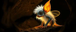pen outline with some neon airbrush, illuminated transparent glowing quickling pixie gremlin in the shadows with long fluffy white fur looking at awesome glowing cave painting, pin hole camera, in the style of Rembrandt