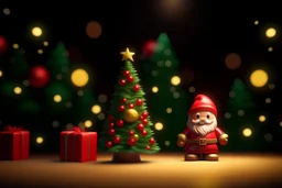 cute smiling Santa and detailed Christmas tree with red and gold trimmings, beautiful star on top of tree, gifts underneath tree, toys underneath tree, , bokeh like f/0.8, tilt-shift lens 8k, high detail, smooth render, down-light, unreal engine, prize winning