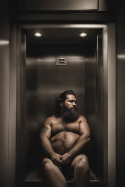 full figure photography of a gipsy man 33 year old man ugly chubby muscular bearded sleeping, open mouth, shirtless, manly chest, short beard, long hair, closed eyes, big belly, sitting in a dark elevator, dim top light, completely wet, photorealistic, ambient occlusion , view from the ground