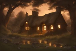 A special dusk with a little cottage where the light twinkles and a fairy rests