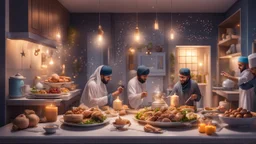 Hyper Realistic Muslims Preparing Iftar in Kitchen with Ramadan Decorations inside home at night.