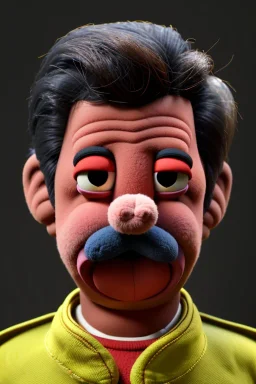 Waist up muppet Portrait, Nicolas maduro us muppet doll, black hair, Venezuelan president, red and yellow tracksuit, mustache, photo studio, background, unreal engine 5, concept art, art station, ray tracing, lumen lighting, ultra detail, volumetric lighting, 3d.