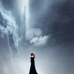 A princess standing. Epic scale. Heavy cold rain. Thunderstorm. An engineer looking up. Futuristic scenary. Gray mist.