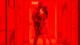 cyberpunk, an apathetic hitman does magic on a nymph in a cramped hallway, monochromatic hue, minimalistic risograph duotone design effect, two color palette, veiled contrast, redscale, red light leaks, warm, bright sunlight, vaporwave, neon colors, science fiction, detailed scene