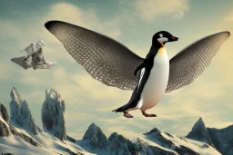 penguin flying in the sky with his two wings