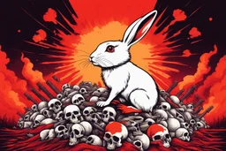 A graphic illustration featuring a white rabbit standing triumphantly atop a pile of skulls and bones, surrounded by fiery hues of red and orange. The word 'RUN AWAY!' is prominently displayed at the top in bold, flaming text, emphasizing a darkly humorous and apocalyptic theme. The background consists of a gradient of red tones, creating an intense and dramatic atmosphere. The illustration is minimalistic yet impactful, focusing on strong contrasts and symbolic imagery.