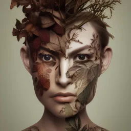 "full face tattoo of leaves and gnarled branches extending past face and morphing into reality, 8k resolution, high-quality, fine-detail, muted colors,intricate, digital art, detailed matte, volumetric lighting, illustration, octane render