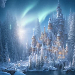  white and or crystal castle，waterfall, winter snow flakessnow, northern Lights, full of details, smooth, bright sunshine，soft light atmosphere, light effect，vaporwave colorful, concept art, smooth, extremely sharp detail, finely tuned detail, ultra high definition, 4 k, unreal engine 5, ultra sharp focus