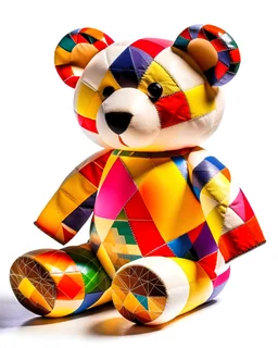 In the style of Wassily Kandinsky, a beautiful teddy bear, sitting, sunlight, stunning, spectacular, full light, patchwork quilt, white background