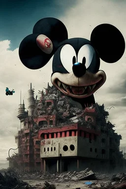 MICKEY MOUSE WITH ACCURATE EYES AS A HUGE GODZILLA DESTROYING BUILDINGS IN SOUTH AFFRICA