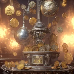 dynamic lighting, Intricately detailed, Splash screen art, deep color, Unreal Engine, volumetric lighting, silver coins, gold coins, silver treasure, stacked coins, indoors, altar, black table, sigil, shiny,